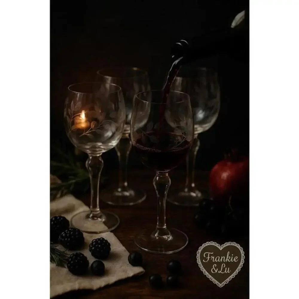 Set of 4 Vintage Etched Floral Wine Goblets Balloon Bowl Stemware